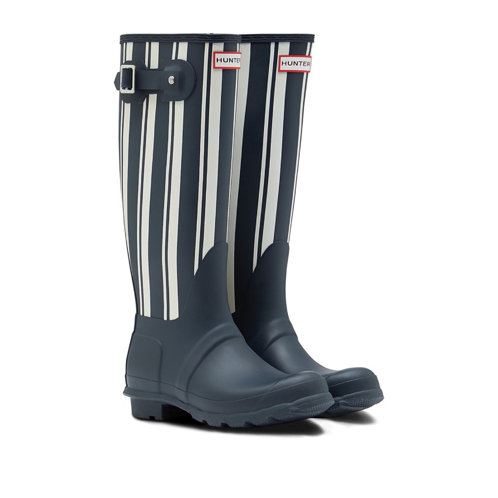 Brand new navy blue, striped Hunter Boots
